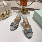 AQUAZZURA 26S HIGH-HEEL SANDALS 85 MM IN DUSTY BLUE SUEDE