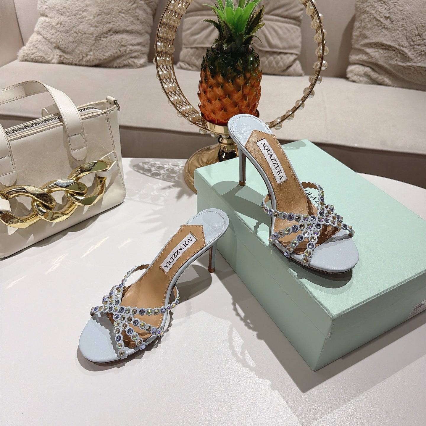 AQUAZZURA 26S HIGH-HEEL SANDALS 85 MM IN POWDER BLUE CALFSKIN