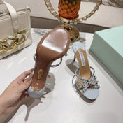 AQUAZZURA 26S HIGH-HEEL SANDALS 85 MM IN POWDER BLUE CALFSKIN