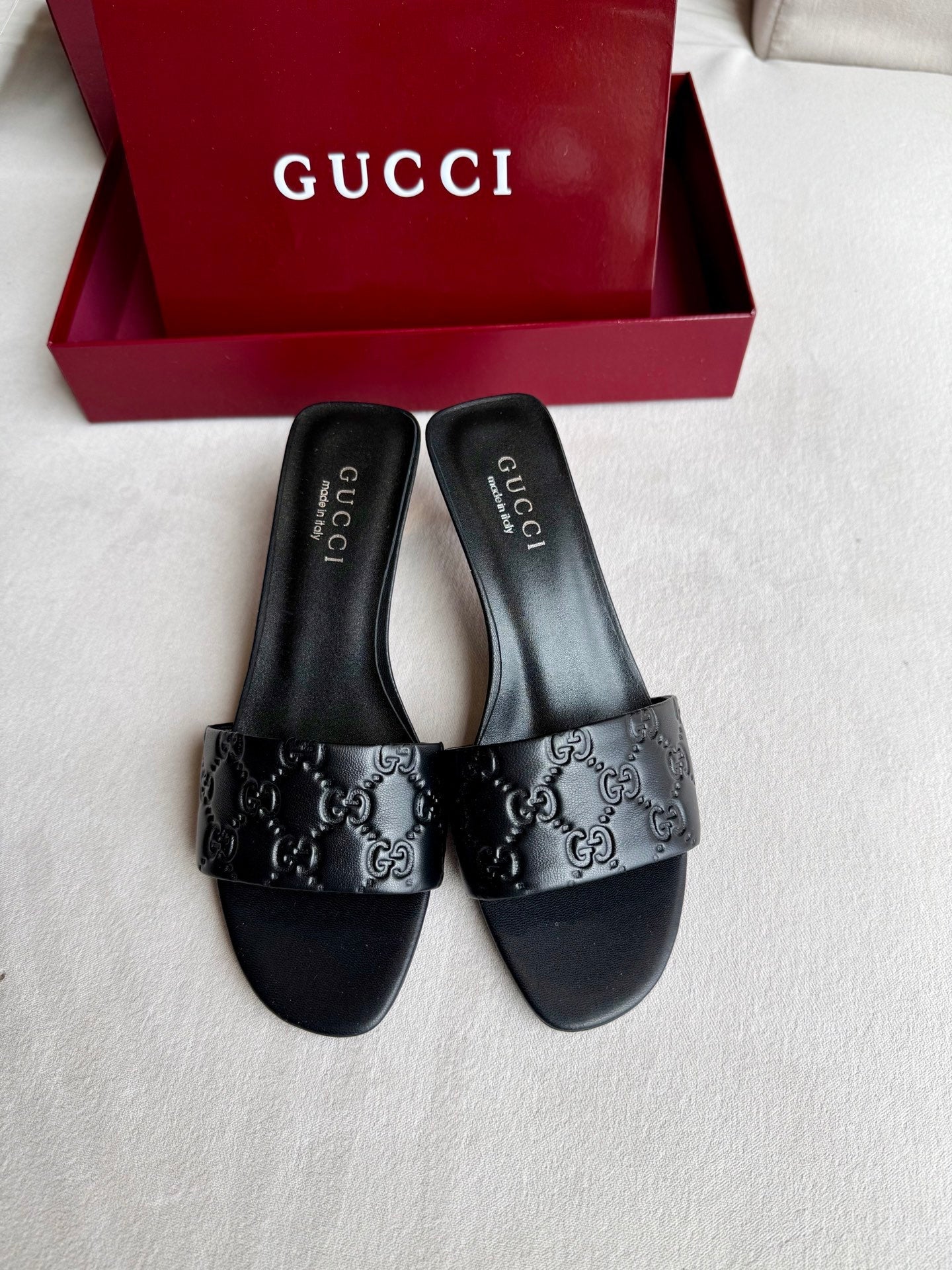 GUCCI 26S SLIDE SANDALS 55 MM IN BLACK CALFSKIN