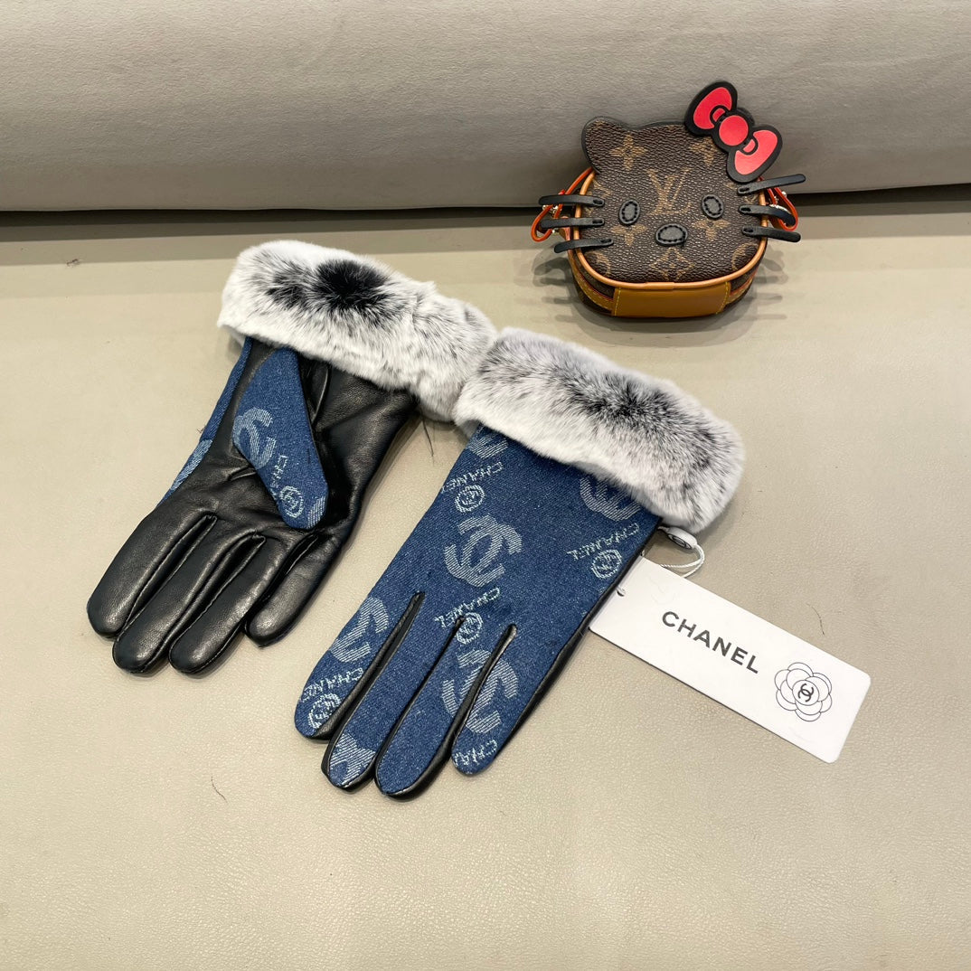 GLOVES IN NAVY BLUE DENIM AND BLACK CALFSKIN 463798