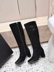 CHANEL 26S KNEE HIGH BOOTS 70 MM IN BLACK SUEDE AND PATENT