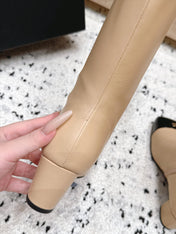 CHANEL 26S KNEE HIGH BOOTS 70 MM IN BEIGE CALFSKIN AND BLACK PATENT