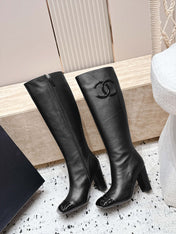 CHANEL 26S KNEE HIGH BOOTS 90 MM IN BLACK CALFSKN AND PATENT