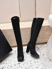 CHANEL 26S KNEE HIGH BOOTS 90 MM IN BLACK SUEDE AND PATENT