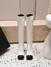 CHANEL 26S KNEE HIGH BOOTS 90 MM IN WHITE CALFSKIN AND BLACK PATENT