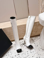 CHANEL 26S KNEE HIGH BOOTS 90 MM IN WHITE CALFSKIN AND BLACK PATENT