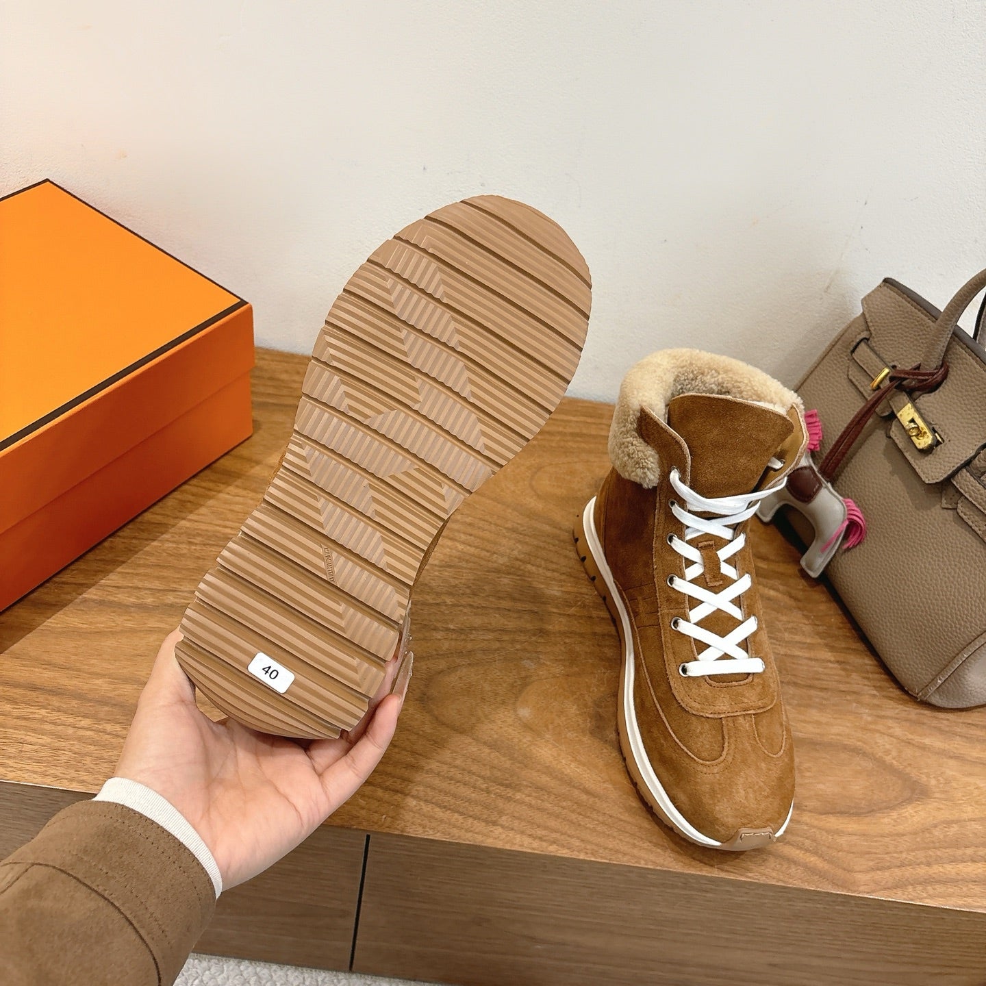 HM 26S FUR-LINED HIGH TOP SNEAKERS IN BROWN SUEDE