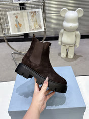 PRADA 25S RETRO PLATFORM MARTIN ANKLE BOOTS IN DARK BROWN SUEDE