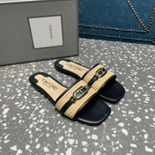 RAFFIA AND LEATHER WHITNEY SLIDE BLACK MIX BEIGE