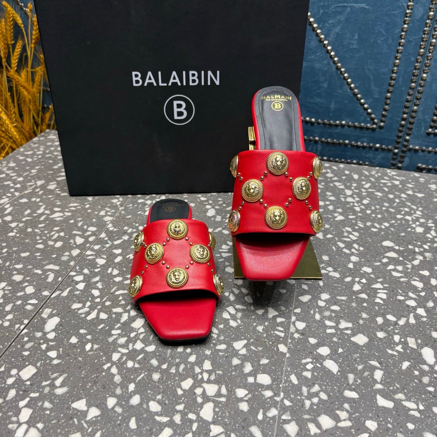 BALMAIN 26S SLIPPERS IN RED CALFSKIN WITH GOLD HARDWARE