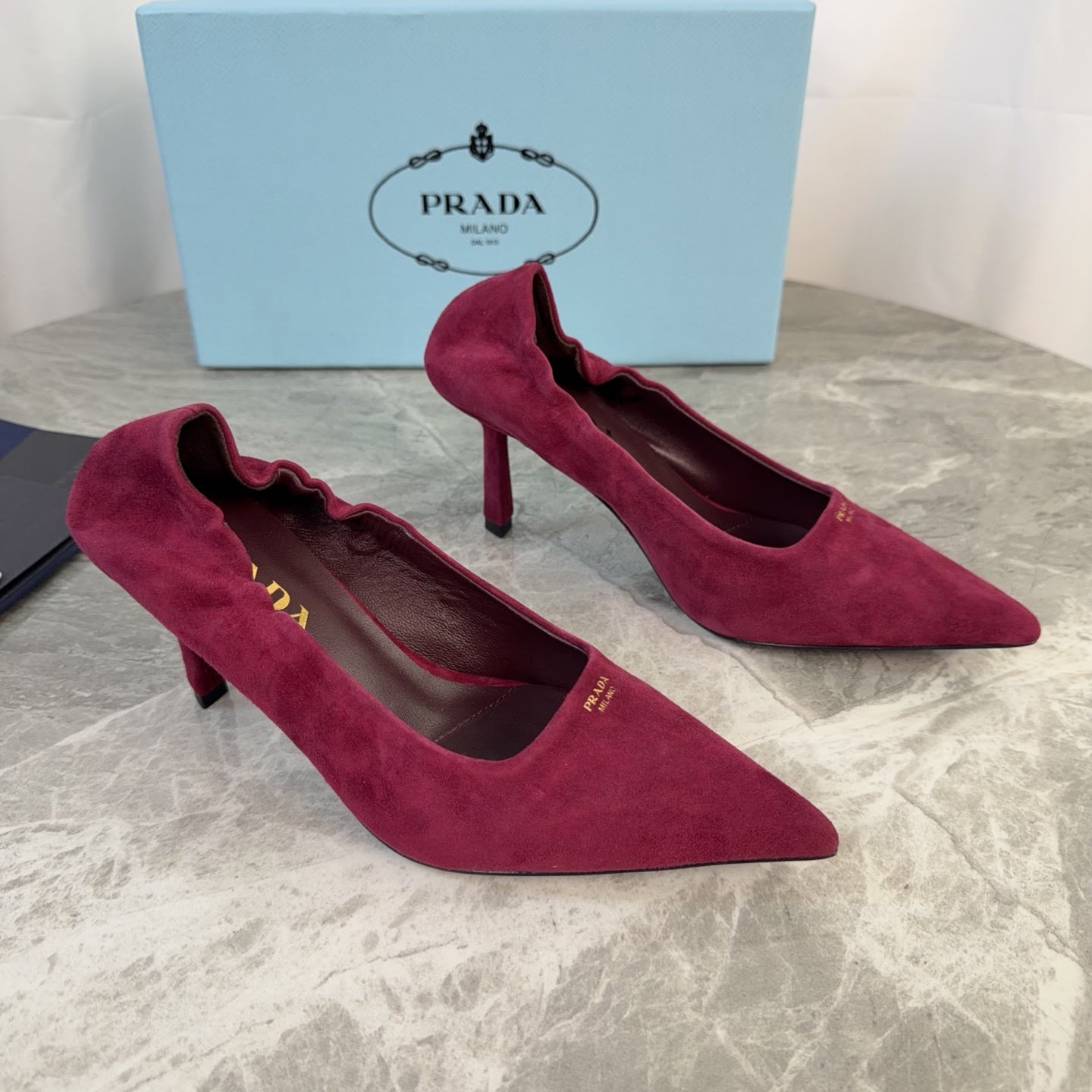 PRADA 25S HIGH HEELS 75 MM IN DARK RED SUEDE
