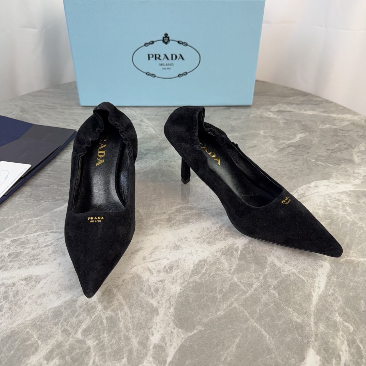 PRADA 25S HIGH HEELS 75 MM IN BLACK SUEDE