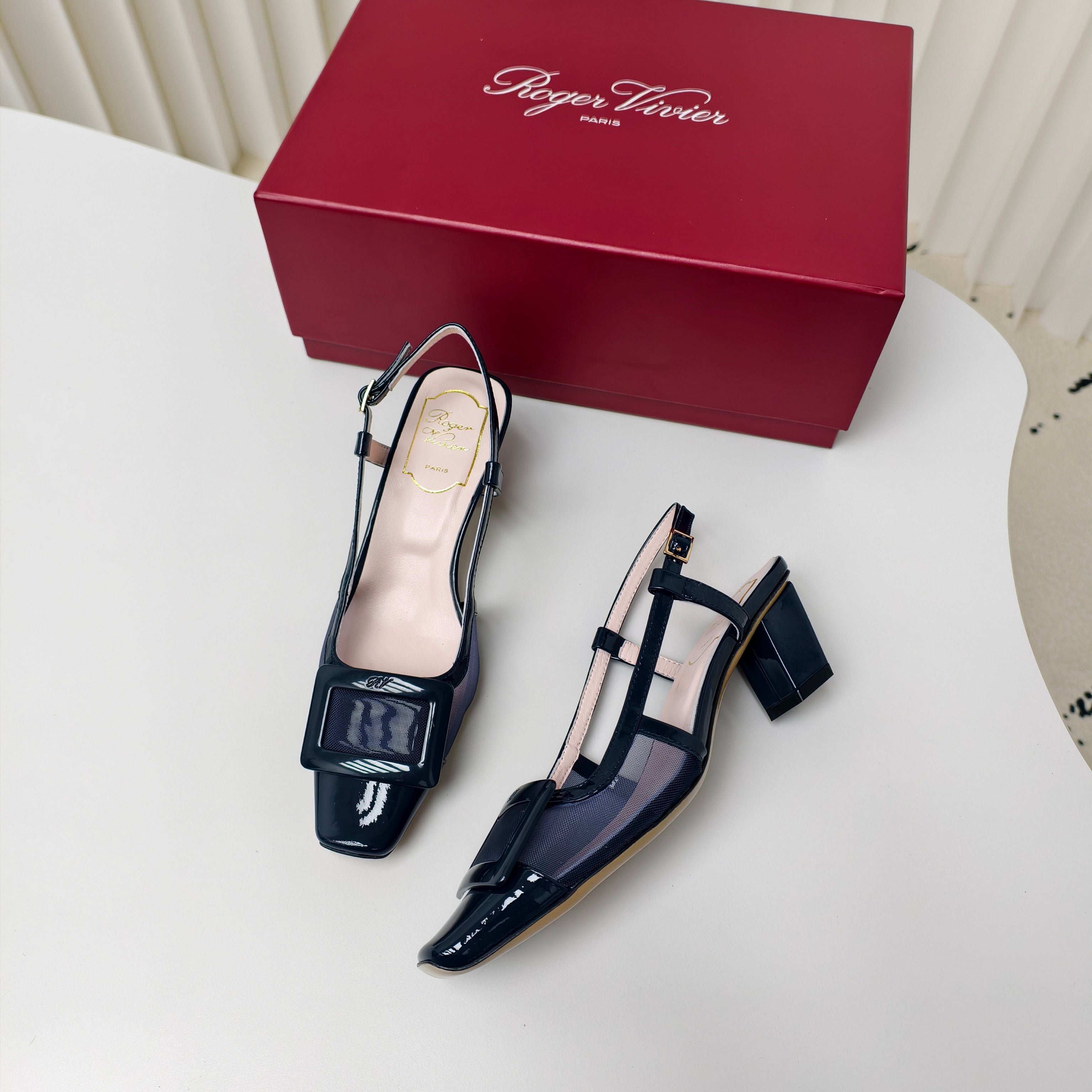 ROGER VIVIER 25S BELLE VIVIER SLINGBACK PUMPS 45MM IN NAVY BLUE MESH FABRIC