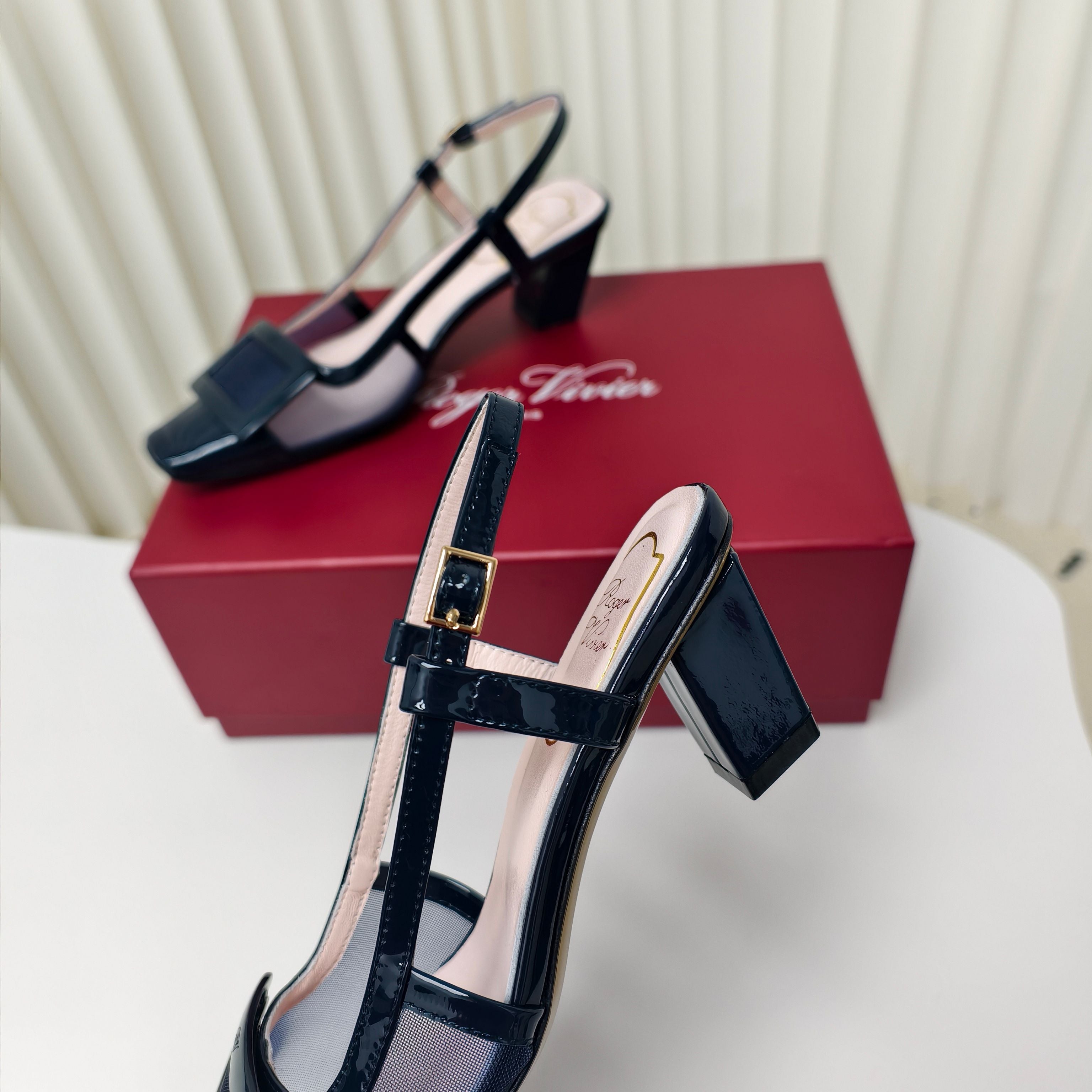 ROGER VIVIER 25S BELLE VIVIER SLINGBACK PUMPS 45MM IN NAVY BLUE MESH FABRIC