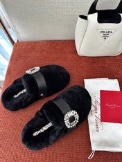 SLIDY VIV' MULES IN BLACK WOOL WITH STRASS BUCKLE