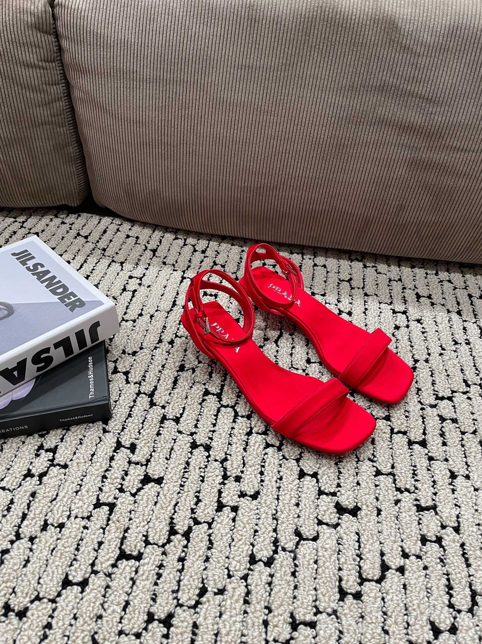 PRA TRIANGLE HEEL SATIN SANDALS CRIMSON