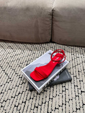 PRA TRIANGLE HEEL SATIN SANDALS CRIMSON