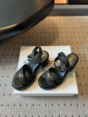 PRADA 26S BLOCK HEEL SANDALS 85MM IN BLACK RAFFIA AND CALFSKIN