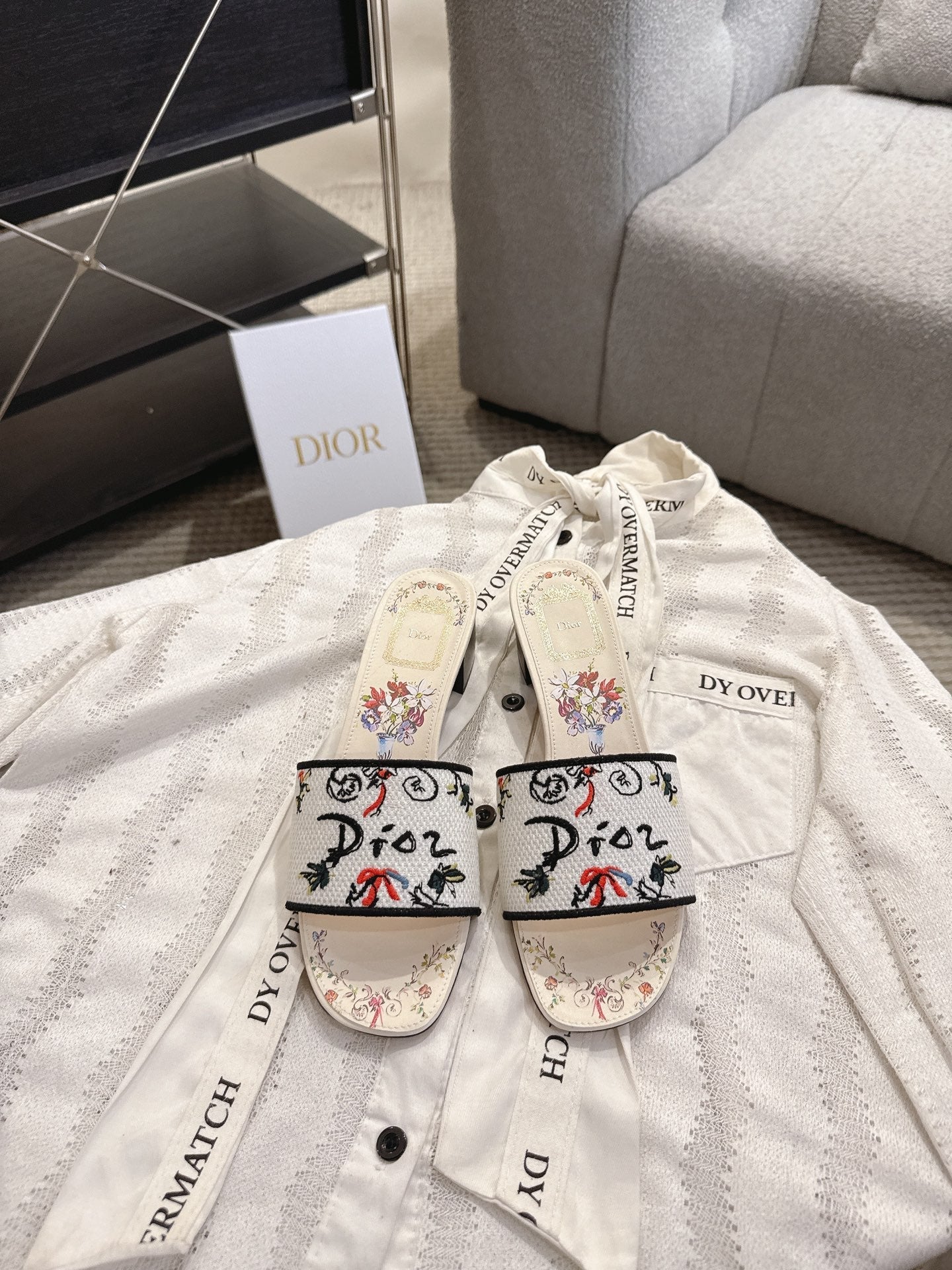 DIOR 26S D-WAY HEELED SLIDE IN MULTICOLOR DIOR JARDIN D'HIVER EMBROIDERED COTTON STYLE 04