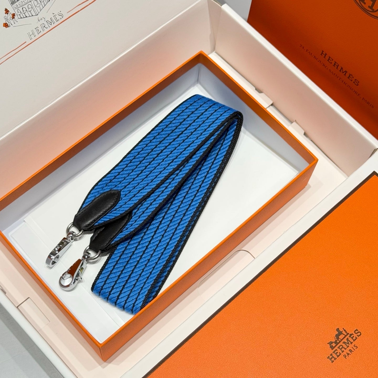 25S HERMES BAG STRAP BLUE 85 IN CANVAS SILVER HARDWARE