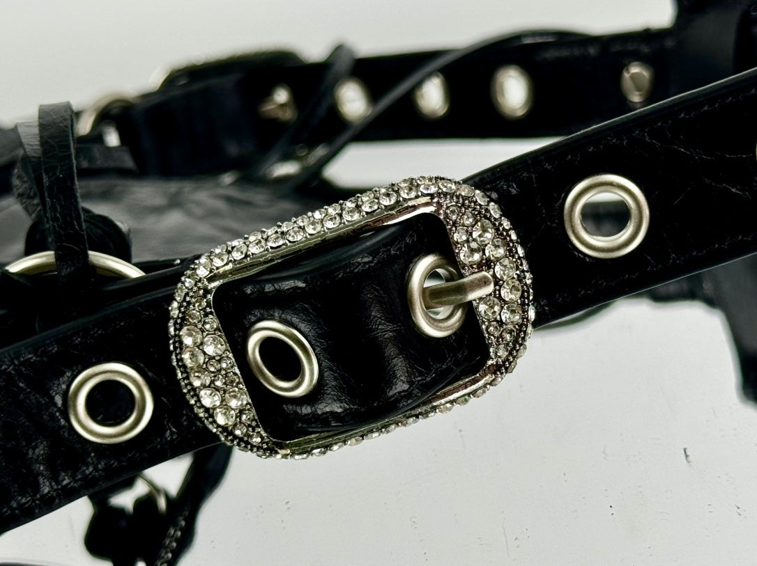 LE CAGOLE SMALL SHOULDER BAG 26 WITH RHINESTONES IN BLACK ARENA LAMBSKIN SILVER HARDWARE