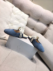 DIOR 26S FLAT MULES IN BLUE SUEDE WITH J'ADIOR BOW