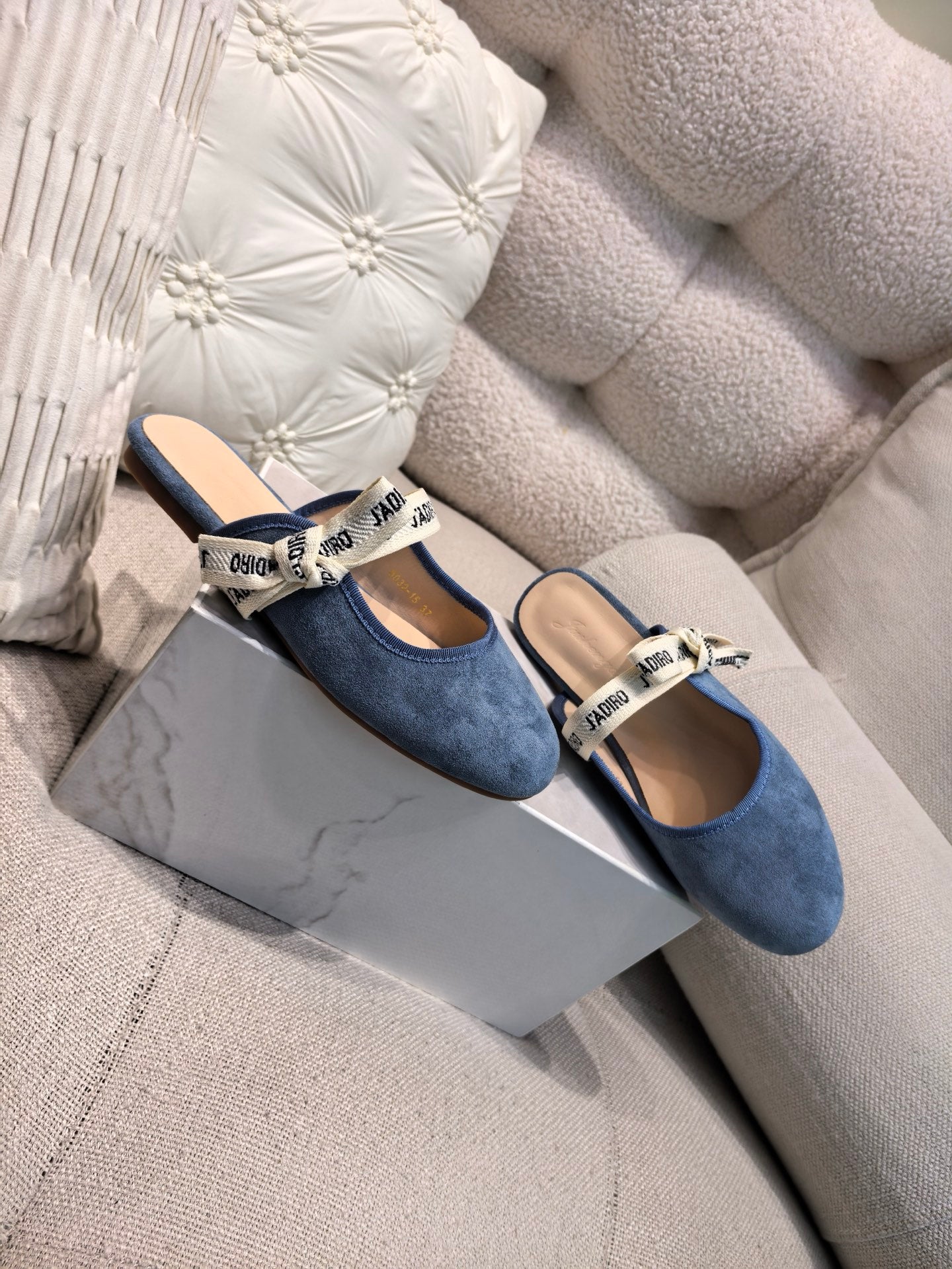 DIOR 26S FLAT MULES IN BLUE SUEDE WITH J'ADIOR BOW
