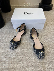 DIOR 26S HEEL ANKLE STRAP PUMPS IN BLUE DIOR OBLIQUE EMBROIDERED CANVAS WITH BOW
