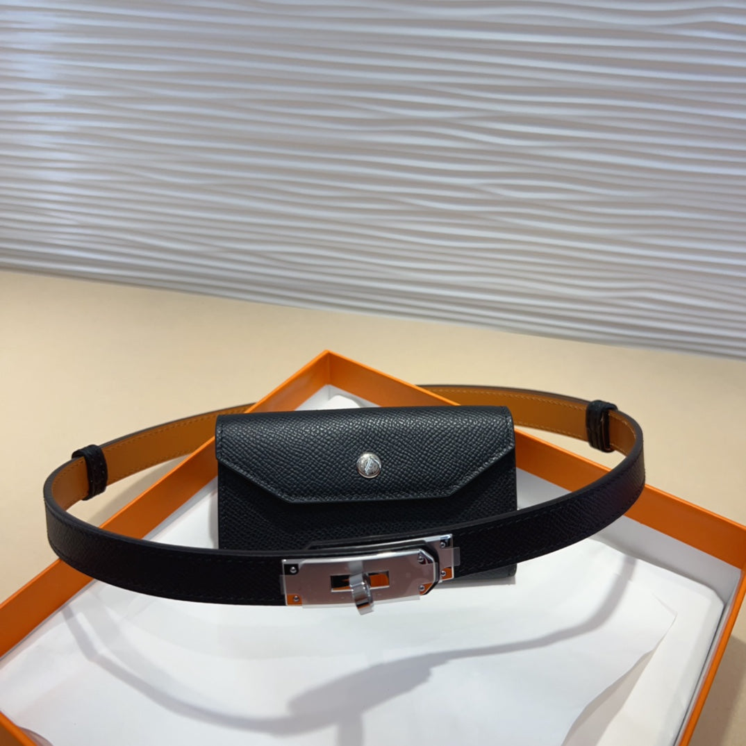 HM KELLY POCKET 18MM BELT BLACK LEATHER SILVER HARDWARE