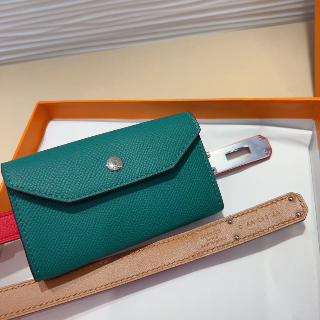 HM KELLY TEAL GREEN POCKET 18MM BELT CHERRY RED LEATHER SILVER HARDWARE