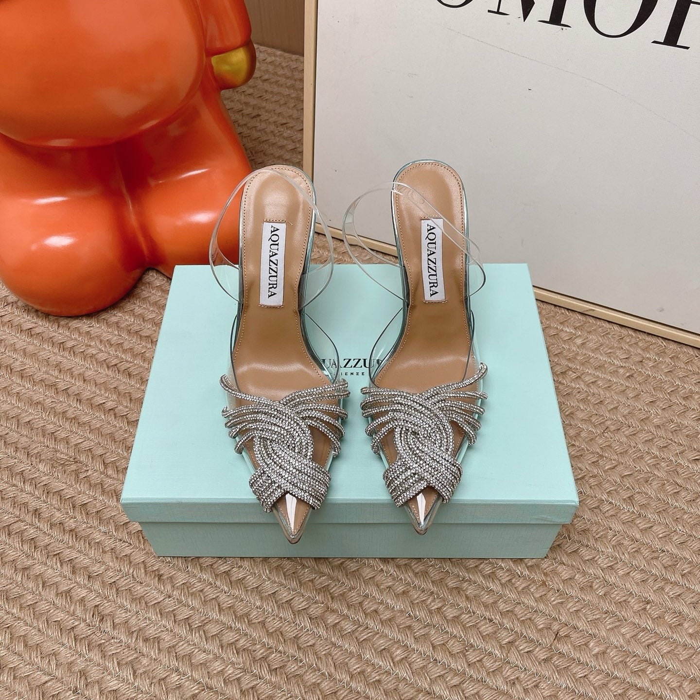 AQUAZZURA 26S SLINGBACK HEELS 105 MM IN SILVER LEATHER AND CLEAR PVC CRYSTALS