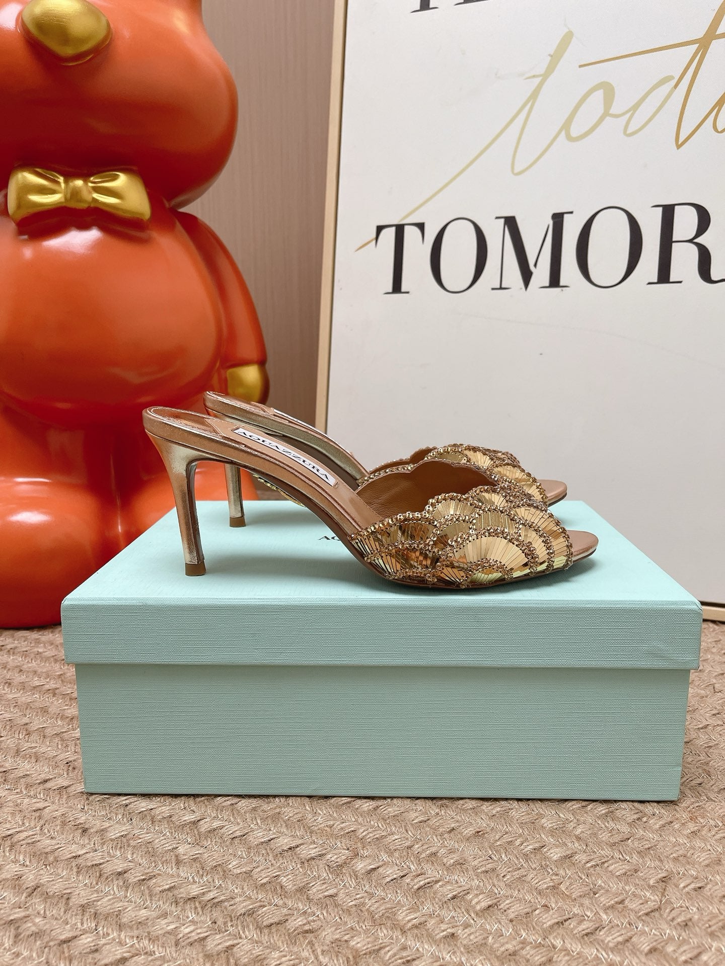 AQUAZZURA 26S GATSBY MULES 105 MM IN LIGHT GOLD SEQUINED