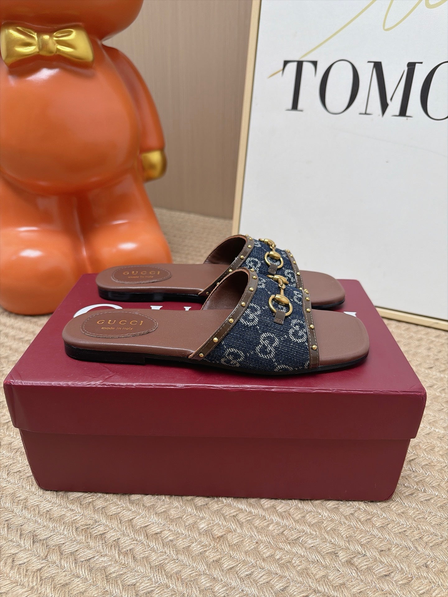GUCCI 26S SLIDE SANDAL IN DARK BLUE DENIM AND BROWN LEATHER