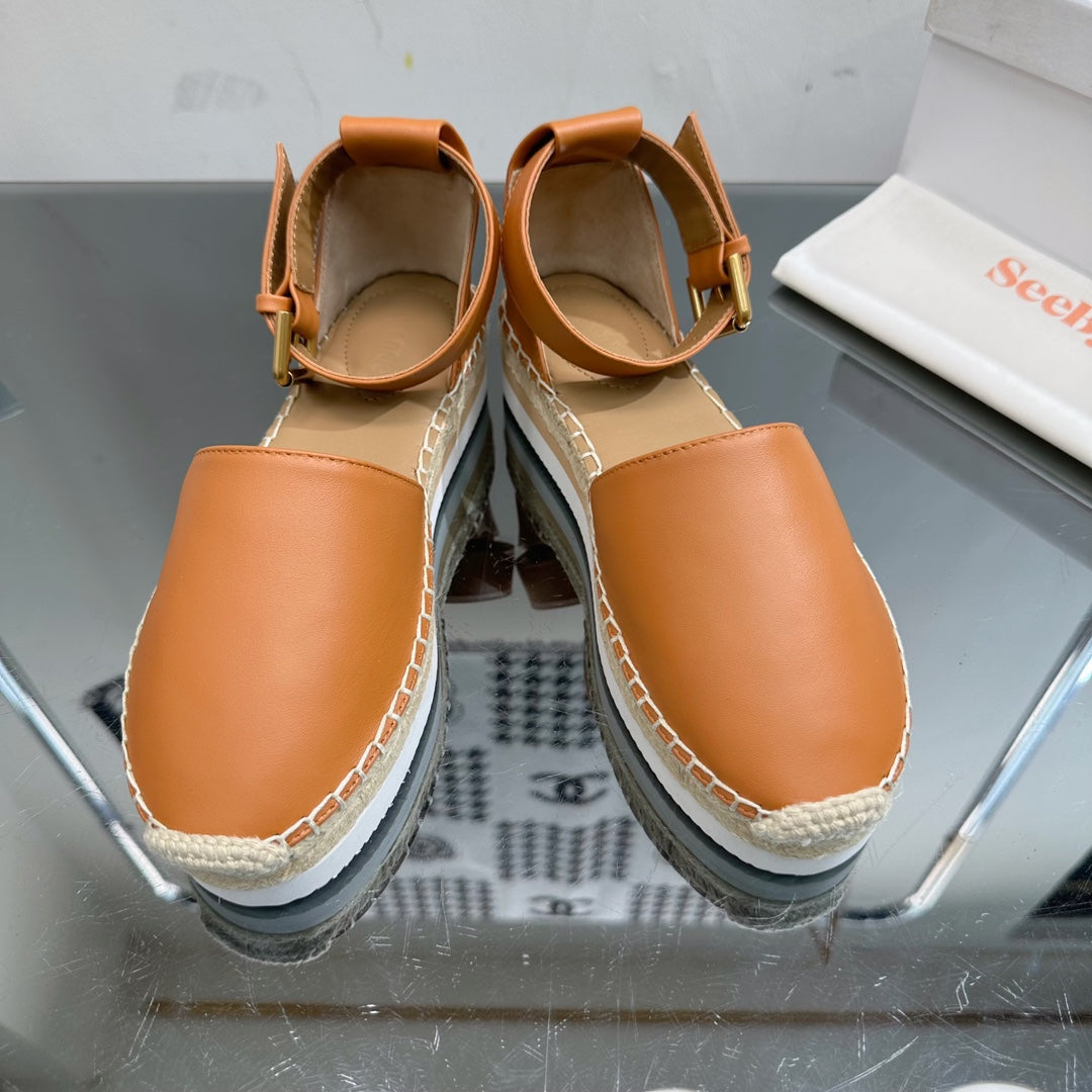 SEE BY ESPADRILLES SANDAL IN COPPER BROWN CALFSKIN AND WOVEN RAFFIA
