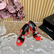 SL POM CIRCLE CRYSTAL HEELED SANDALS RED SATIN