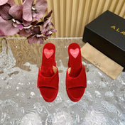 ALAIA PLATFORM WEDGE IN CHERRY RED VELVET WITH HEART EMBROIDERED