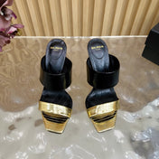 BALMAIN 25S MULES IN STRIPED LEATHER 95MM IN BLACK AND GOLD CALFSKIN