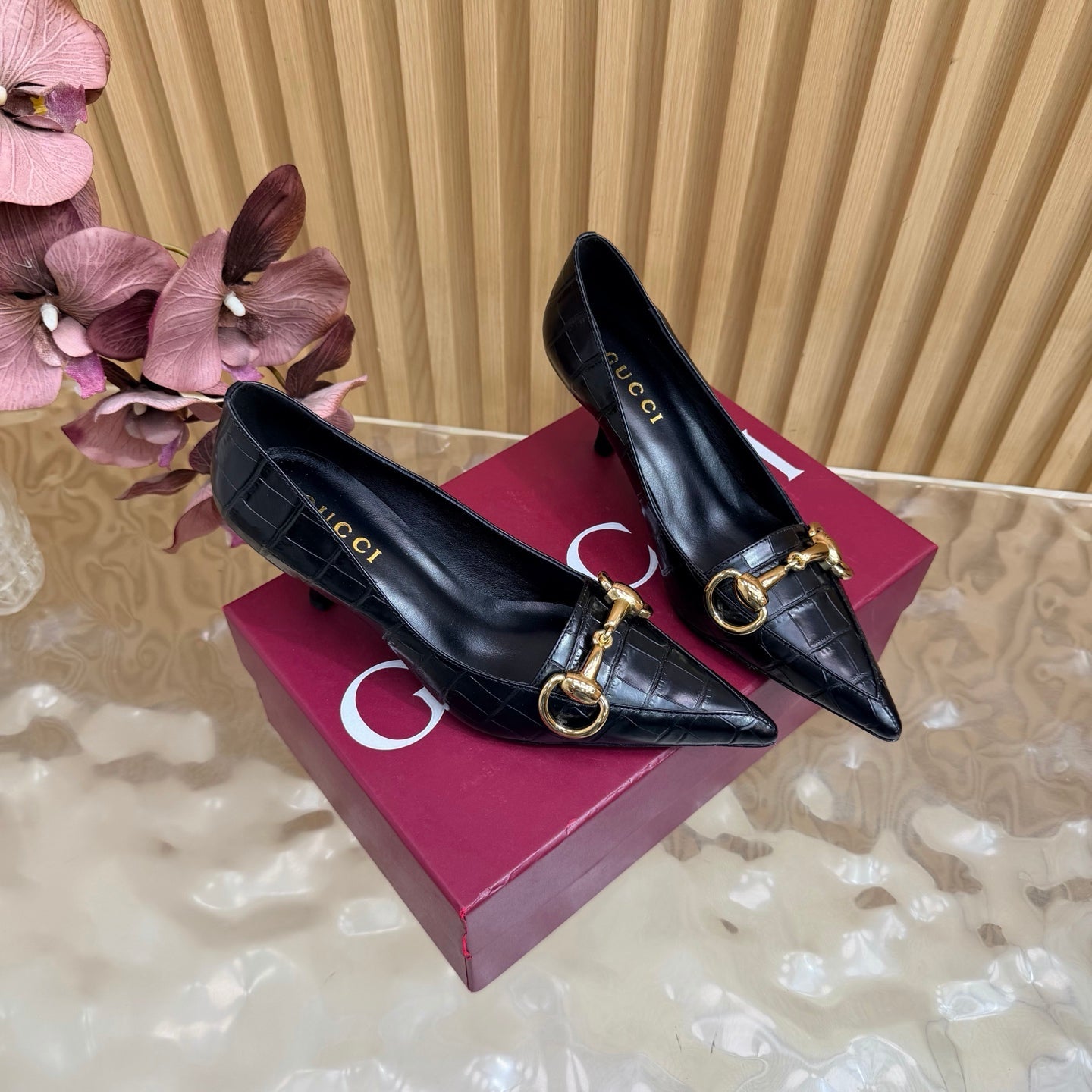 GUCCI 26S HIGH HEELS 65 MM IN BLACK CROC EMBOSSED LEATHER