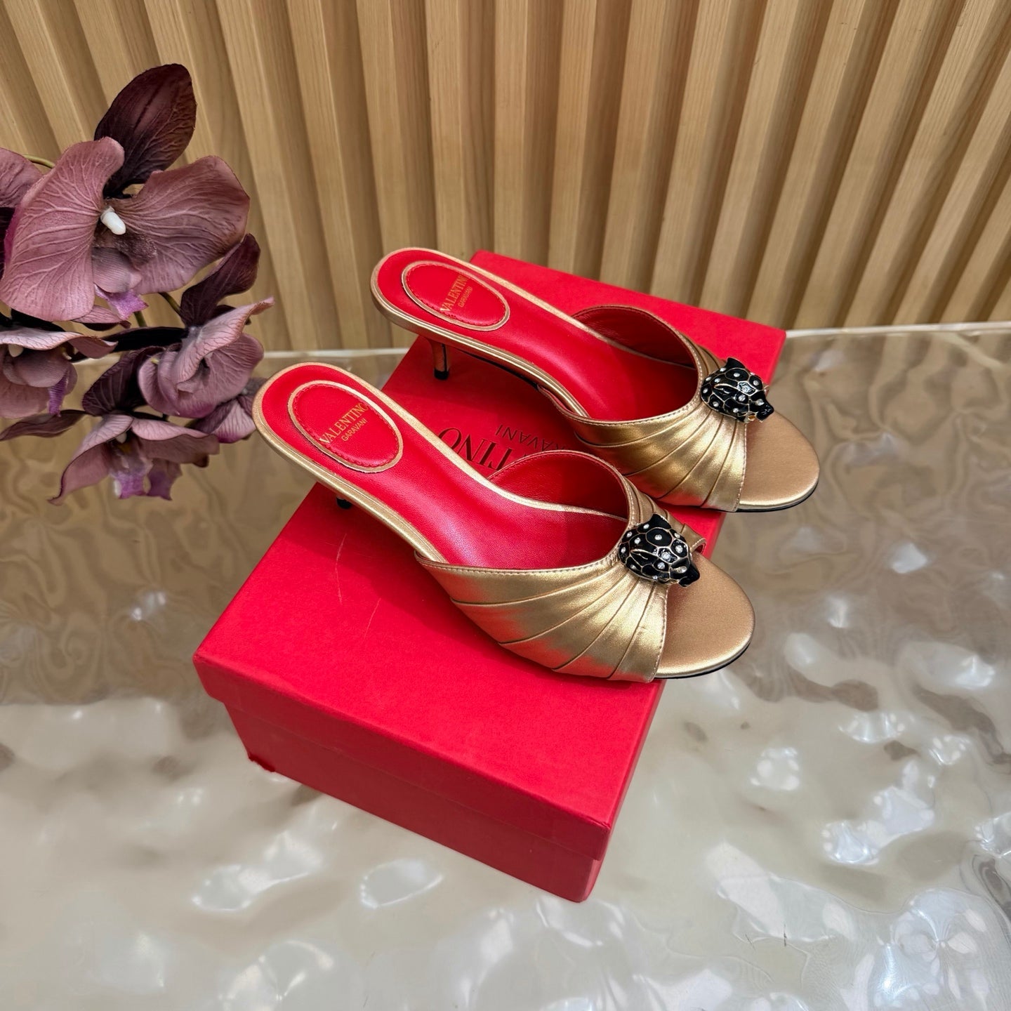 VALENTINO 26S HIGH-HEEL SANDALS 50 MM IN METALLIC GOLD GATHERED CALFSKIN