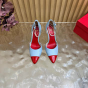 VALENTINO 26S ANKLE-STRA PUMPS 100 MM IN LIGHT BLUE AND RED CALFSKIN