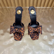 YSL 26S HIGH HEEL SANDALS 90 MM IN BLACK AND BROWN FABRIC WITH OVERSIZED BOW EMBELLISHMENT