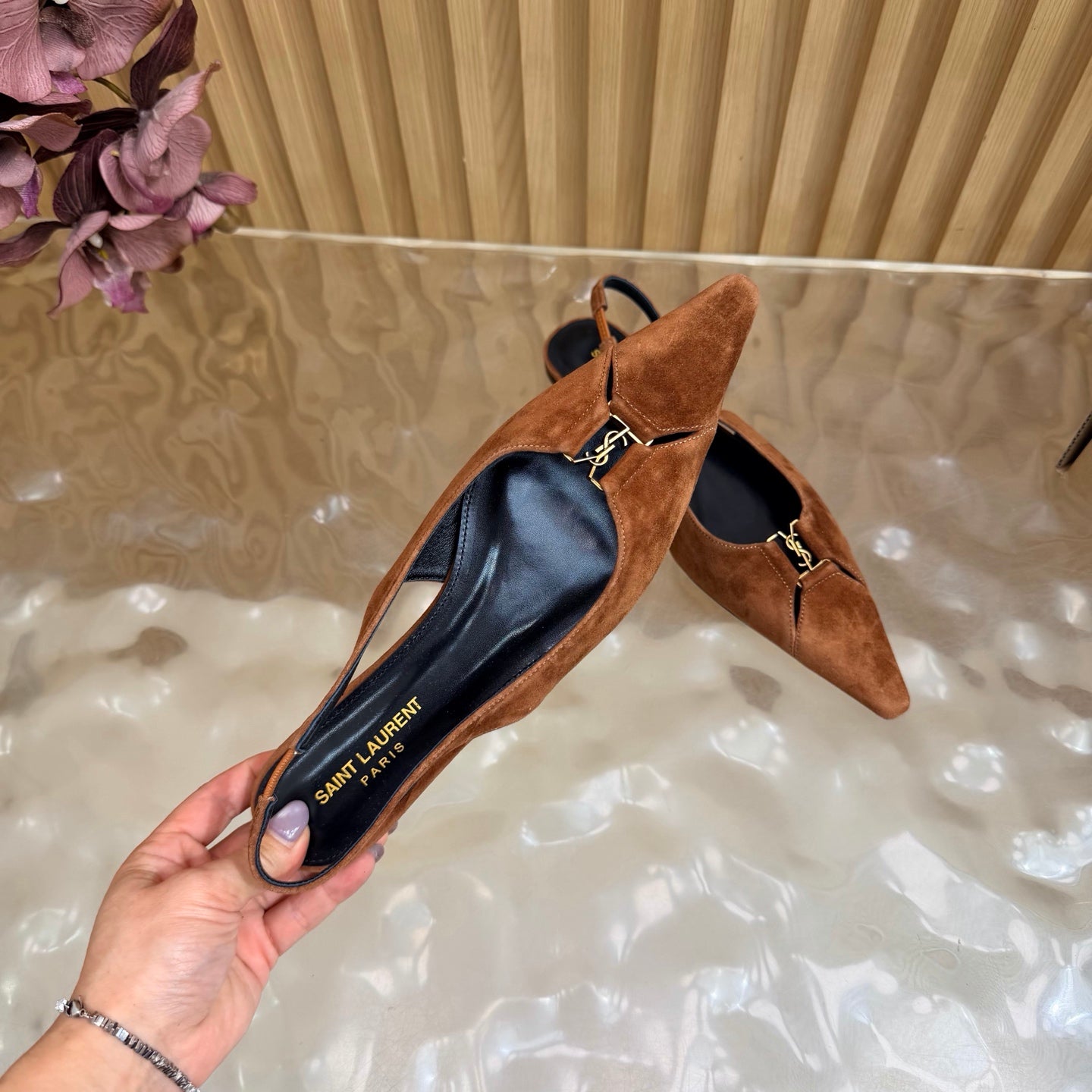YSL 26S SLINGBACK FLATS IN BROWN SUEDE
