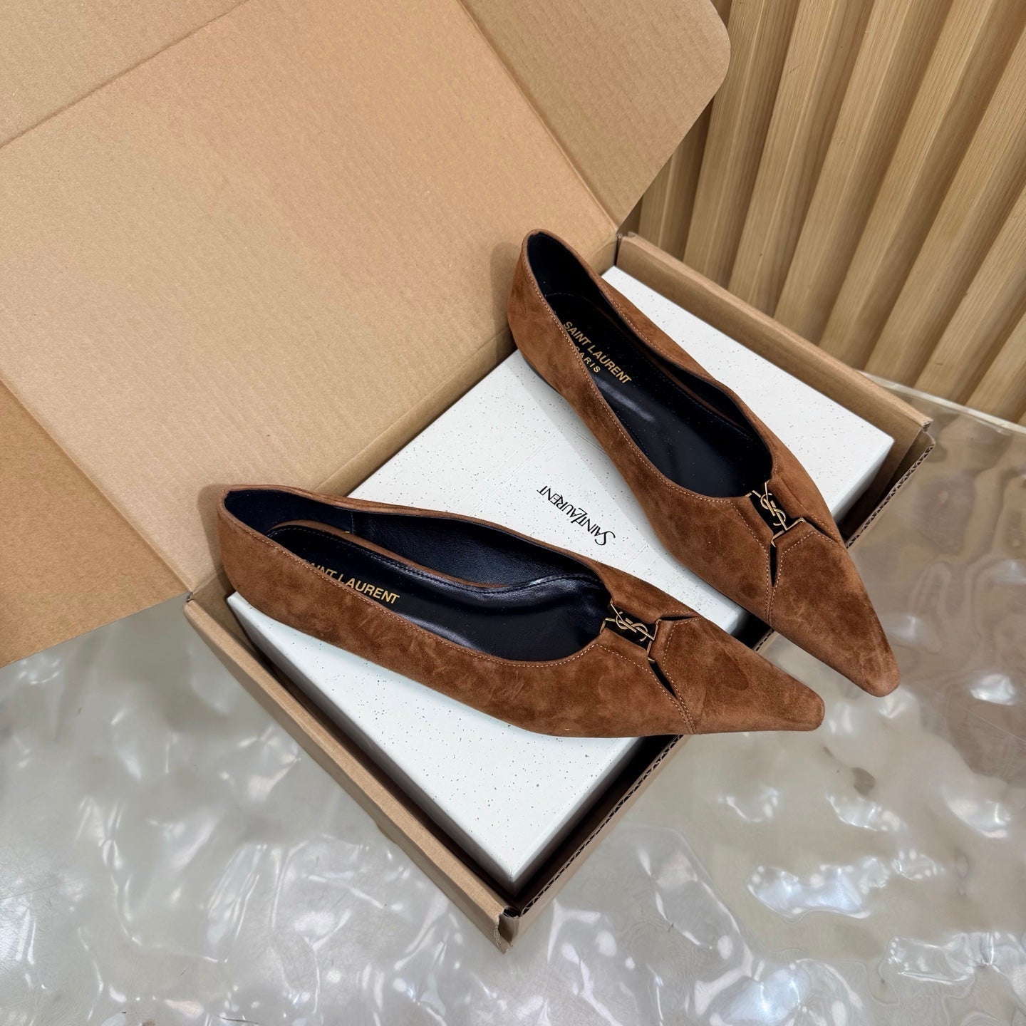 YSL 26S POINTED TOE FLATS IN BROWN SUEDE