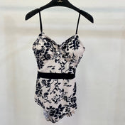 CC BIKINI SWIMSUIT SET IN IVORY WITH BLACK VELVET FLORAL EMBROIDERY 581303