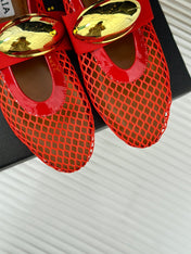 ALAIA MARY JANE SHOES IN CHERRY RED MESH WITH GOLD HARDWARE