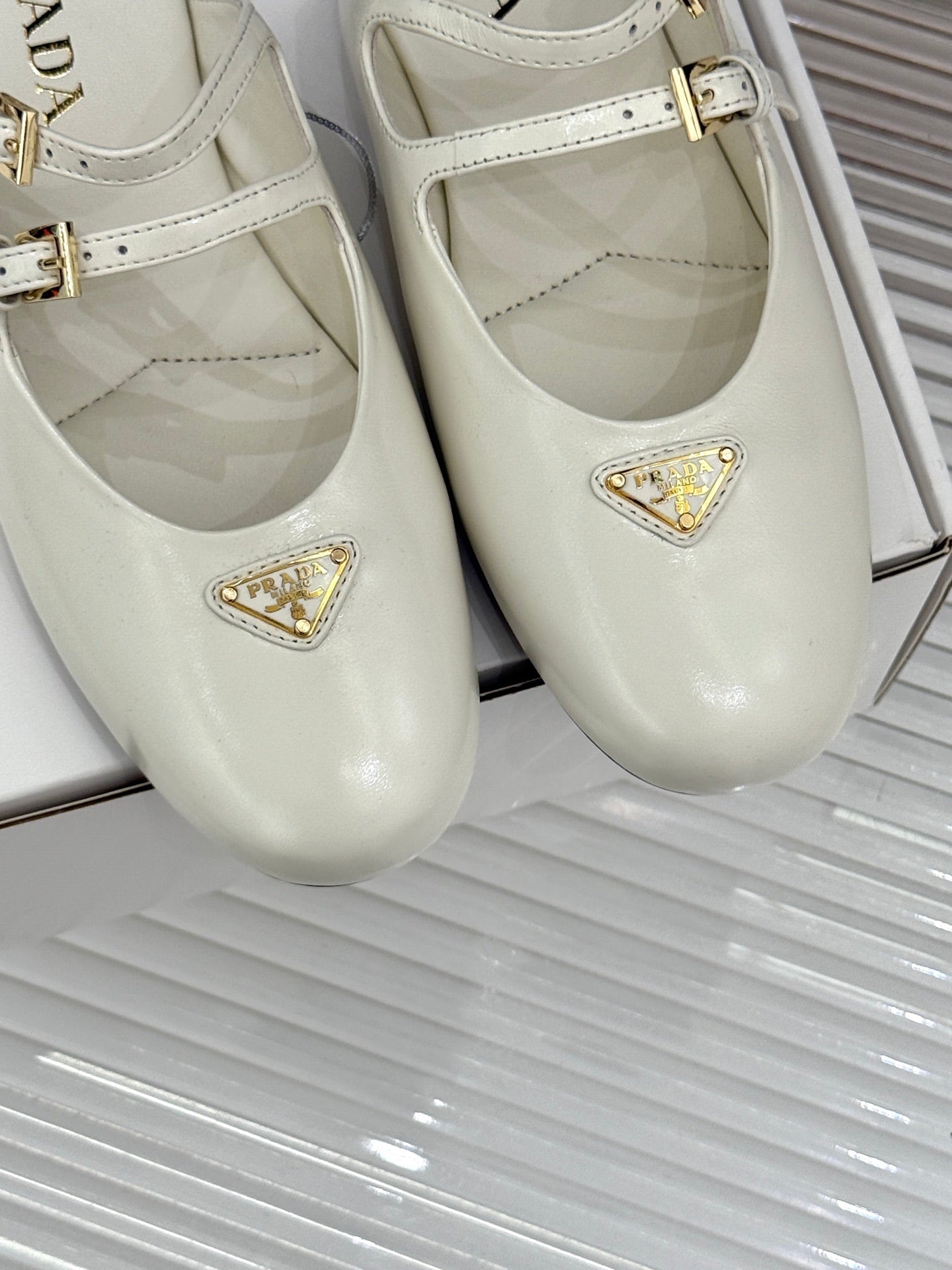 PRADA 25S DUAL MARY JANE BALLERINA MULES IN IVORY CALFSKIN