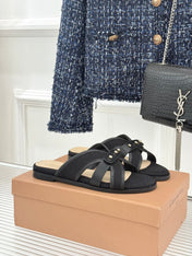 GIANVITO ROSSI 26S STUDDED FLAT SANDALS IN BLACK CANVAS AND CALFSKIN
