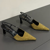 HIGH SLINGBACKS POINTED-TOE IN METALLIC GOLD LAMBSKIN WITH CRYSTALS