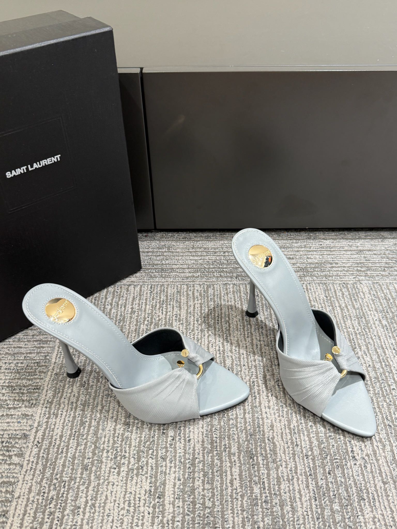 YSL HIGH HEEL 25S 100 MM IN LIGHT SLATE BLUE LAMBSKIN